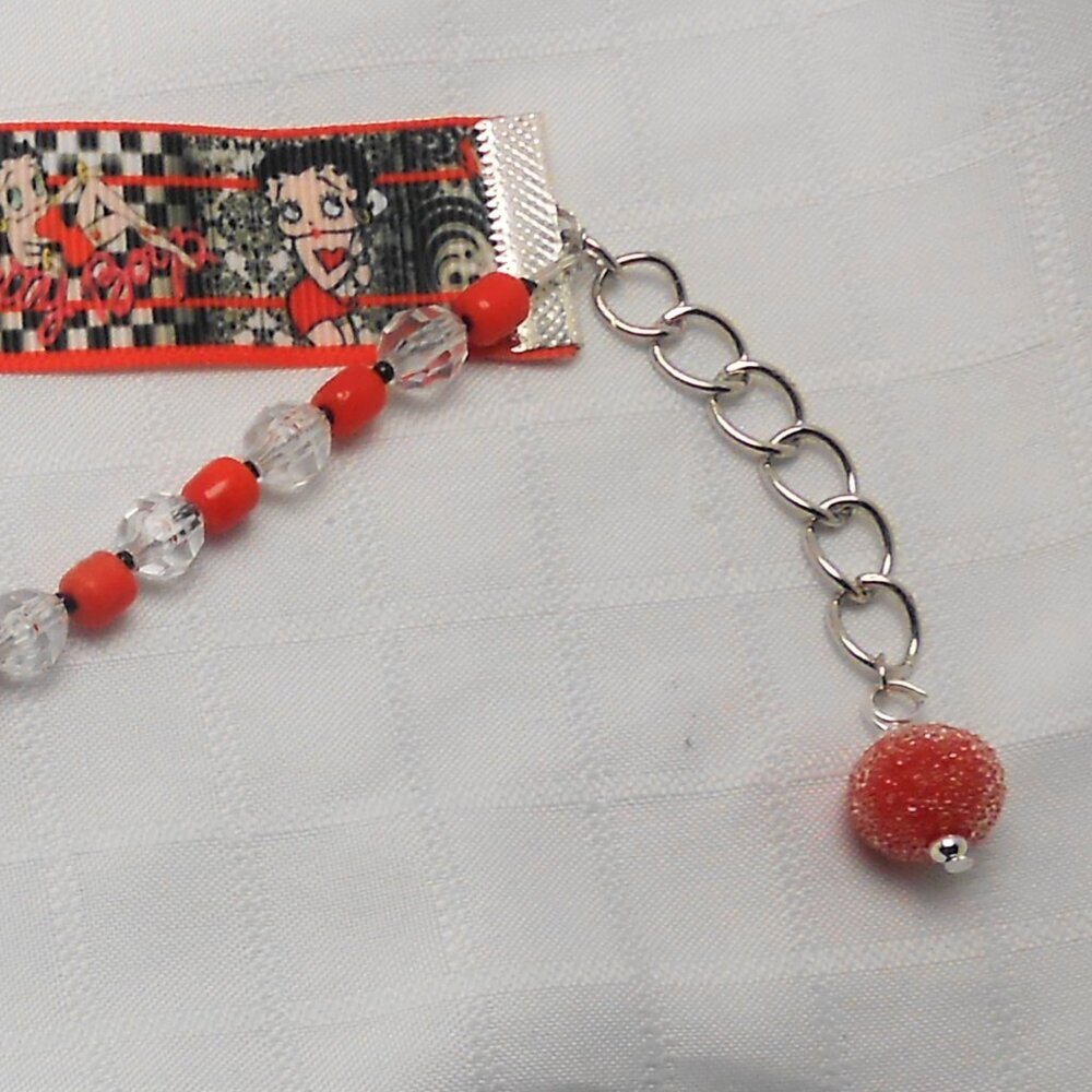 No640 Statement handmade 2 rows choker necklace with Betty Boop patterned ribbo